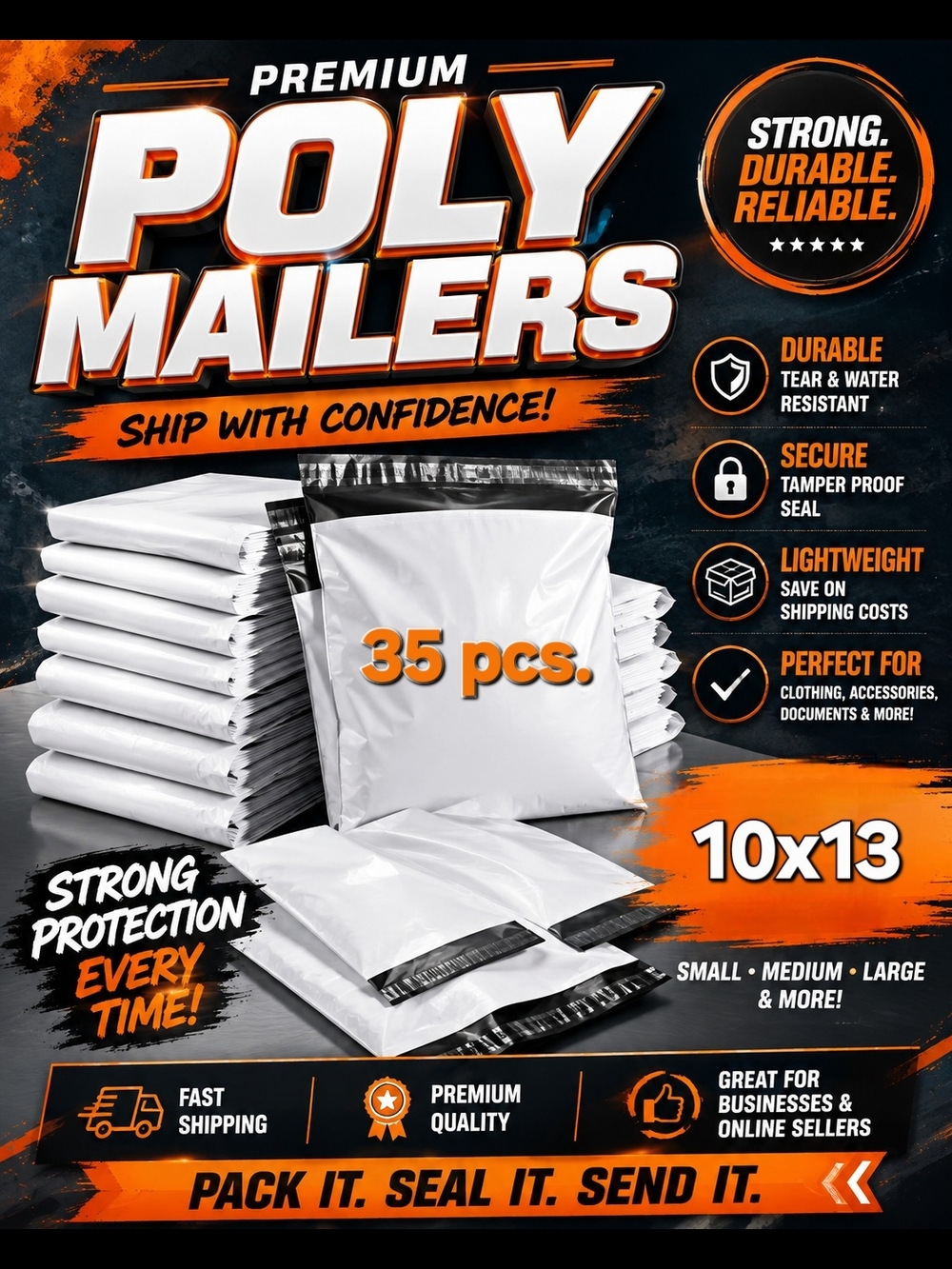 35 Large 10'x13' Self-Seal Poly Mailer Bags with Black Trim - Multipack